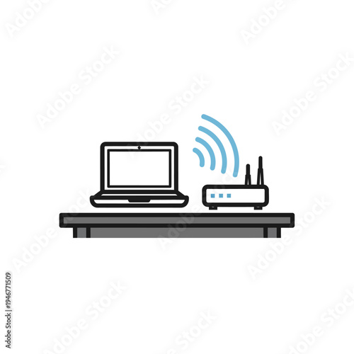 Laptop with Wi-Fi router and wireless signal icon, for home internet network, isolated white background
