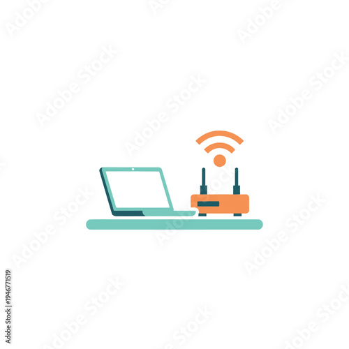 Laptop Connected to Wi-Fi Router with Wireless Signals, Isolated White Background
