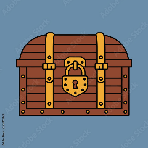 Cartoon-style wooden treasure chest with a lock and gold accents.