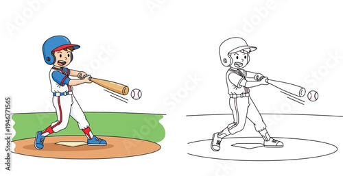 Cartoon Boy Playing Baseball Illustration. Colored Version and Black Line Art Outline for Kids Coloring Book.