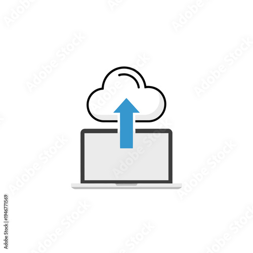 Cloud data upload icon from laptop, representing digital file transfer on an isolated white background.