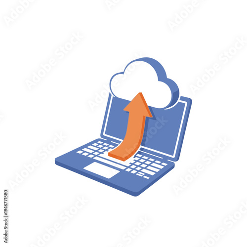Laptop with Cloud Computing and Data Upload Arrow, isolated white background.