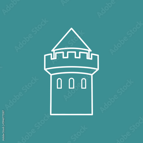 White outline of a castle tower on a teal background.