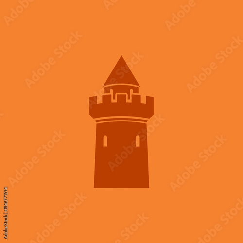 Silhouette of a castle tower with a conical roof on an orange background.