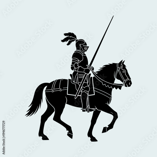 Silhouette of a knight in armor riding a horse with a lance.