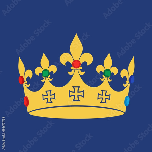 Illustration of a golden crown with colorful gemstones on a dark background.
