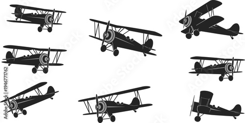 Vintage biplane aircraft set, retro aviation silhouettes, classic propeller airplane collection, flying transport icons, historical aircraft design, flat vector illustration