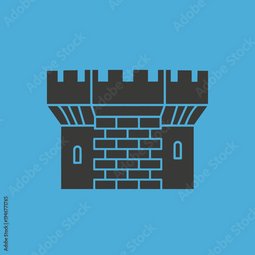 Illustration of a medieval castle tower with battlements and a small window.