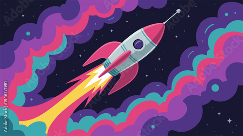 Vibrant retro style rocket ship blasts off into space with colorful flames and smoke trails