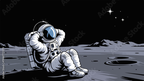 Astronaut sits on moon surface looking down with stars in the background space suit and helmet lunar landscape contemplative and isolated