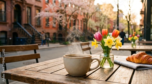 Steaming coffee cup on wooden table with fresh flowers and croissant, outdoor café setting, morning sunlight, cozy urban lifestyle