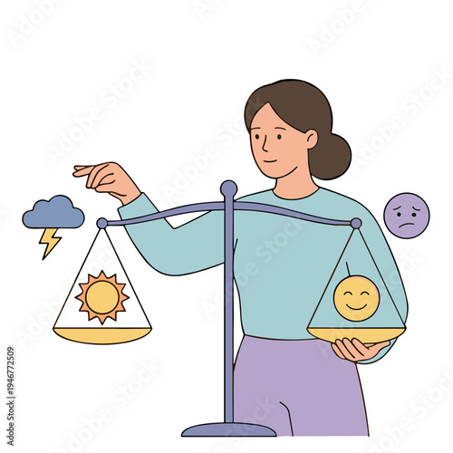 A woman balances emotions on a scale with sunny and cloudy weather symbols.