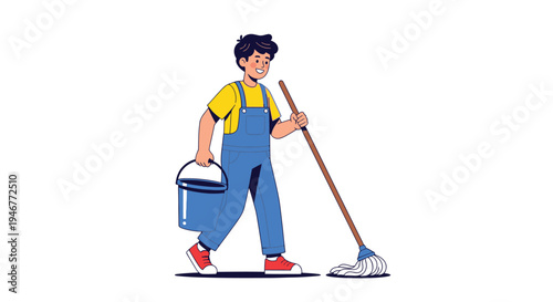 A cartoon janitor walking while carrying a bucket and mop on a white background with a simple and colorful style.