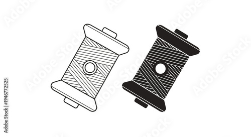 Line drawing of two spools of thread, one black and one outlined in gray, on a white background.