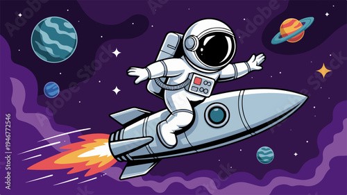 Astronaut riding rocket ship through vibrant purple galaxy with planets and stars