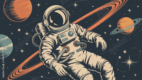 Astronaut floating in space with planets and stars vintage vector poster cosmic background