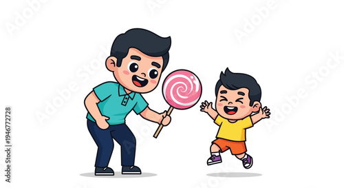 A cartoon illustration of a man playfully teasing a child with a large lollipop against a clean white background with a cheerful mood.