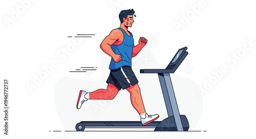 Man running on a treadmill in a dynamic pose with motion lines, wearing athletic attire against a clean white background.