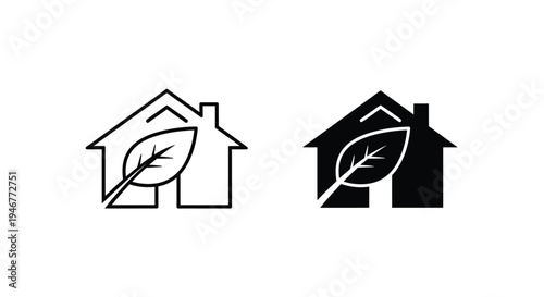 Black and white line icons of houses with leaves on a white background, simple graphic illustrations.