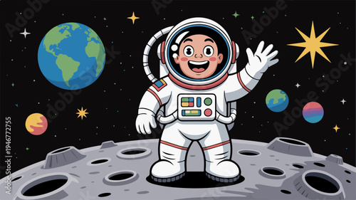 Cheerful cartoon astronaut waving on moon with planets and stars space exploration concept
