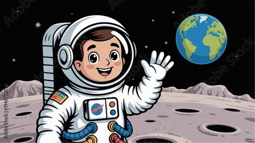 Astronaut boy waving on moon surface with earth in background space exploration concept