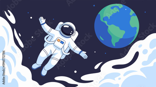Astronaut floating in space with earth in the background stars and clouds vector illustration of space exploration