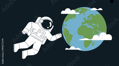 Astronaut floating in space reaching for earth with clouds black background vector illustration