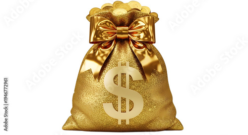 Golden money bag with dollar sign isolated on transparent background