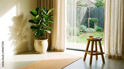 Indoor plant in pot by window with wooden stool and yoga mat, serene home interior with natural light, wellness and relaxation concept