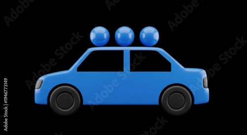 A minimalist and stylized rendering of a blue car with three spherical lights on top