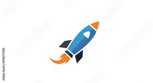 A modern graphic of a stylized rocket ship with orange and blue accents on white background