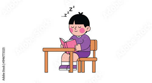 A cartoon child sitting at a desk, reading a book with a sleepy expression, on a plain white background with a simple, flat illustration style and pastel colors.