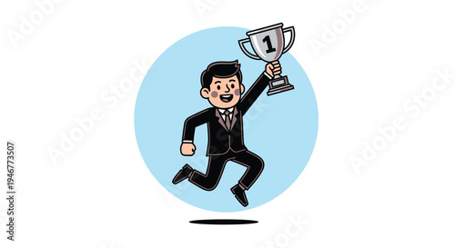 A cartoon businessman in a suit runs with a trophy in a celebratory pose against a light blue circular background with a minimalist composition.