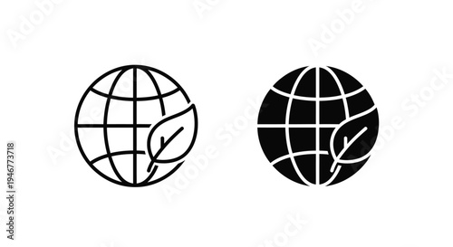 Black and white line art illustrations of globe icons with leaves on a solid white background.