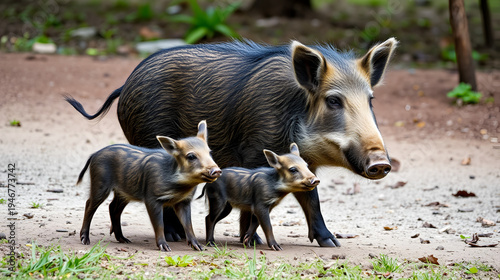 A female wild boar with children.