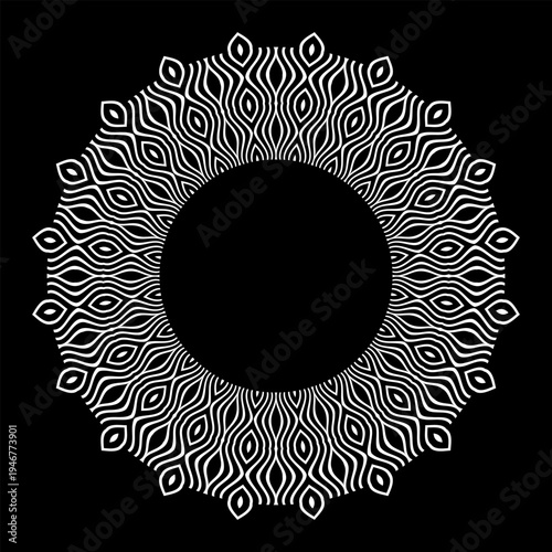 Abstract Radial Circle White Wavy Lines Pattern for Decorative Round Frame on Black Background. 