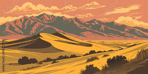 USA, US, U.S, United States - Great Sand Dunes National Park Towering Dunes Sunset Panorama | Majestic Desert Landscape with Mountain Backdrop Wall Art Poster | Colorado Scenic USA Nature Print