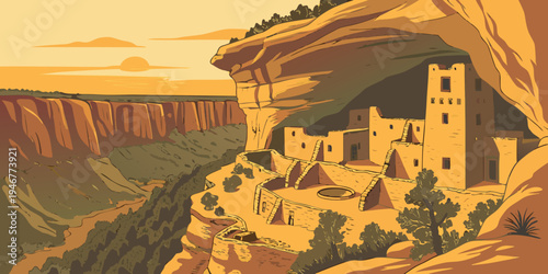 USA, US, U.S, United States - Mesa Verde National Park Ancient Cliff Dwellings Sunset Panorama | Historic Canyon Landscape Wall Art Poster | Colorado Scenic USA Travel Print