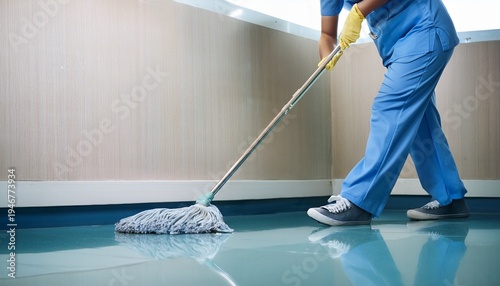 a cleaner in uniform using mops cleaning hall floor at patient room the hospital epoxy floor