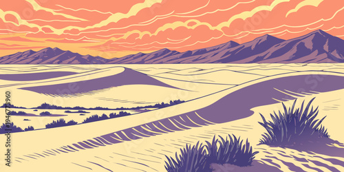 USA, US, U.S, United States - White Sands National Park Glowing Gypsum Dunes Sunset Panorama | Surreal Desert Landscape Wall Art Poster | New Mexico Scenic Nature Print