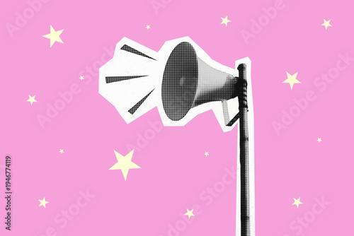 Retro Halftone Megaphone Collage on Pink Background with Stars for Announcement Concept