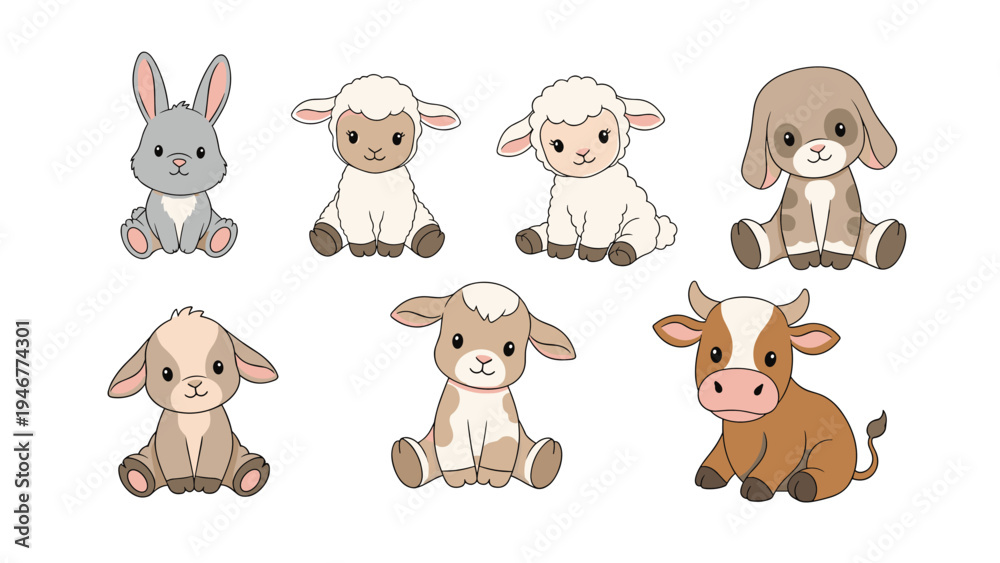Fototapeta premium Collection of adorable baby farm animals featuring two lambs a bunny a calf and other young creatures sitting in a peaceful group.