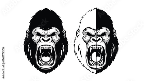 Powerful silverback gorilla head illustration with a roaring expression is displayed in both solid black and high contrast half tones.