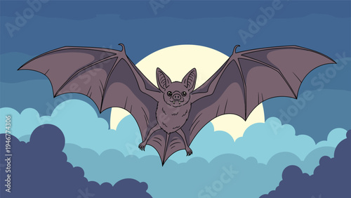 Spooky bat flies through a cloudy night sky in front of a glowing full moon with its wings spread wide in a detailed cartoon style.