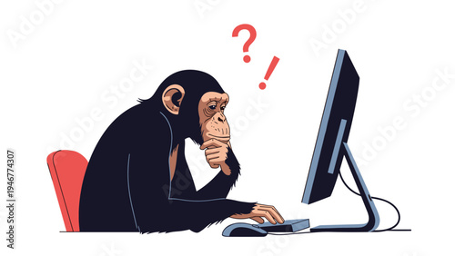 Intelligent chimpanzee sits at a desk while looking thoughtfully at a computer monitor with a question mark and exclamation point.