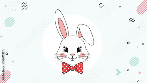 Charming white rabbit face with long ears and rosy cheeks wears a red and white polka dot bowtie against a trendy geometric pattern.