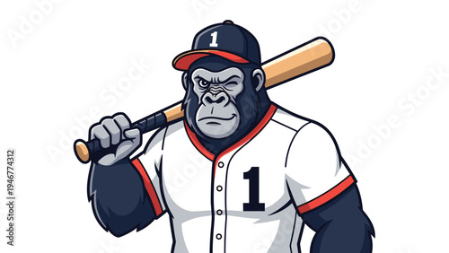 Powerful gorilla baseball player mascot wearing a white uniform and number one cap carries a wooden bat over its strong shoulders.