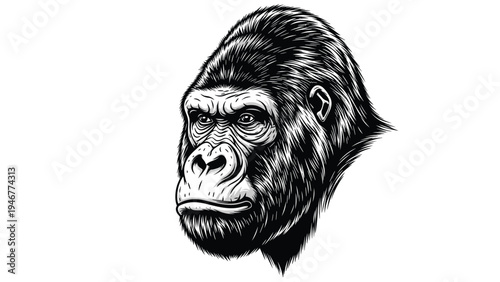 Detailed black and white sketch of a gorilla head captures the intense gaze and textured fur of the primate in a realistic art style.