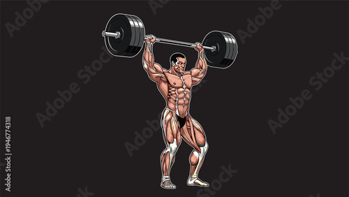 Muscular bodybuilder is performing a heavy overhead barbell lift showing immense physical strength and defined muscle anatomy on dark backdrop.