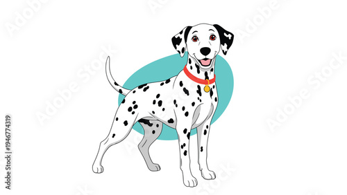 Adorable dalmatian dog with characteristic black spots on white fur stands proudly wearing a bright red collar against a teal circular background.